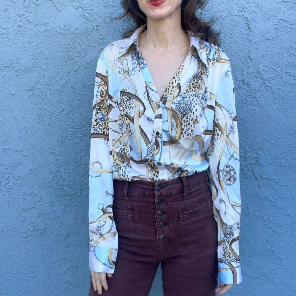 Cache Silk Blouse Y2k Equestrian Horse Bit Print … - image 2